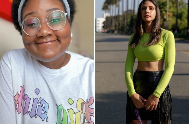 Devin, on the left, a young Black femme enby with a short brown fro, is shown chest-up smiling at the camera. They are wearing a white shirt, round glasses, and a gray headband. Paula, on the right, a Latin disabled woman with brown hair, standing on a street in a green top and black fringed skirt holding a purple cane.