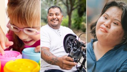 A photo grid featuring a young girl using sensory toys, an adult man using an adaptive bike, and a young woman with Down syndrome. What is disability?