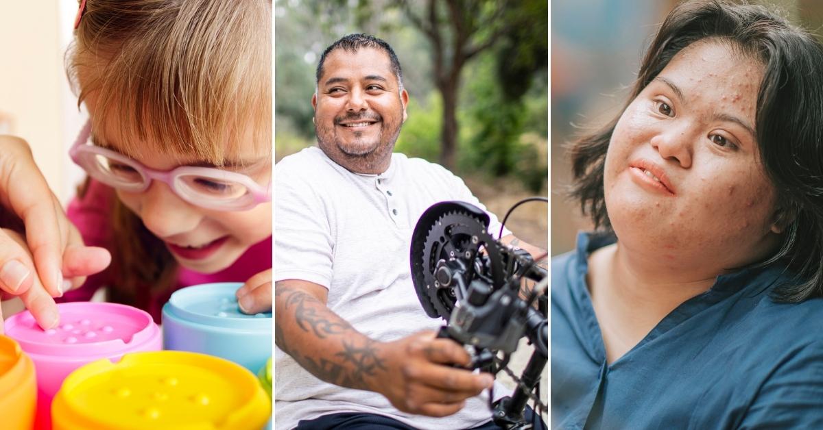 A photo grid featuring a young girl using sensory toys, an adult man using an adaptive bike, and a young woman with Down syndrome.