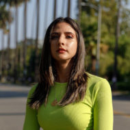 Paula is a Latin disabled woman with brown hair, standing on a street in a green top and black fringed skirt holding a purple cane.