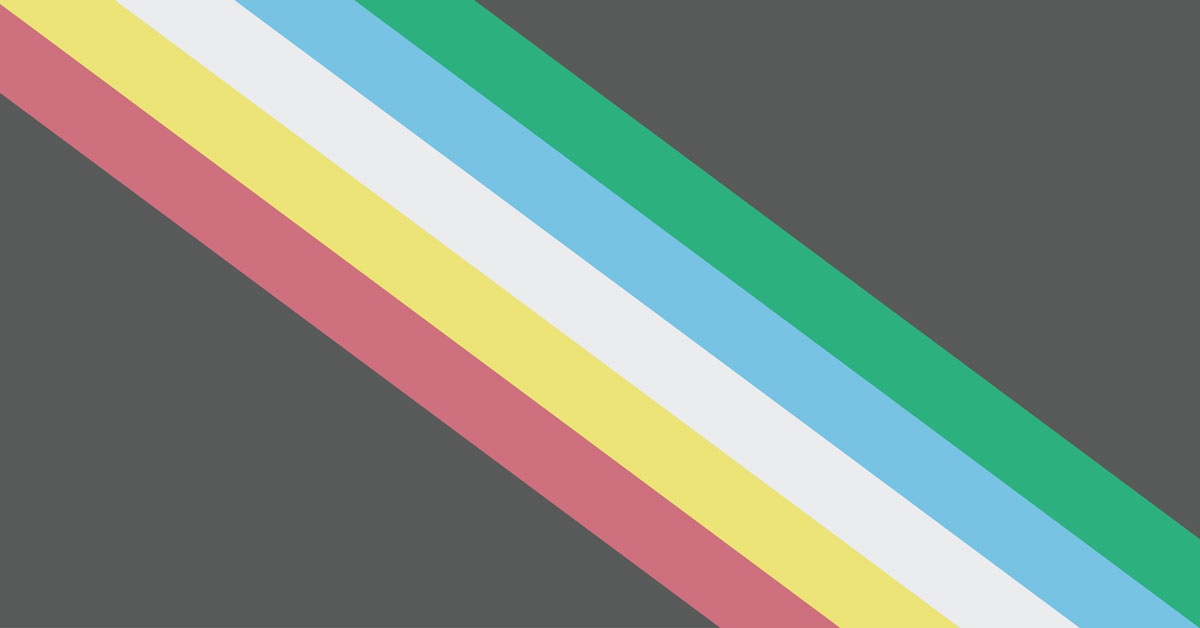 The Disability Pride Flag featuring a grey background with red, yellow, white, blue, and green diagonal stripes