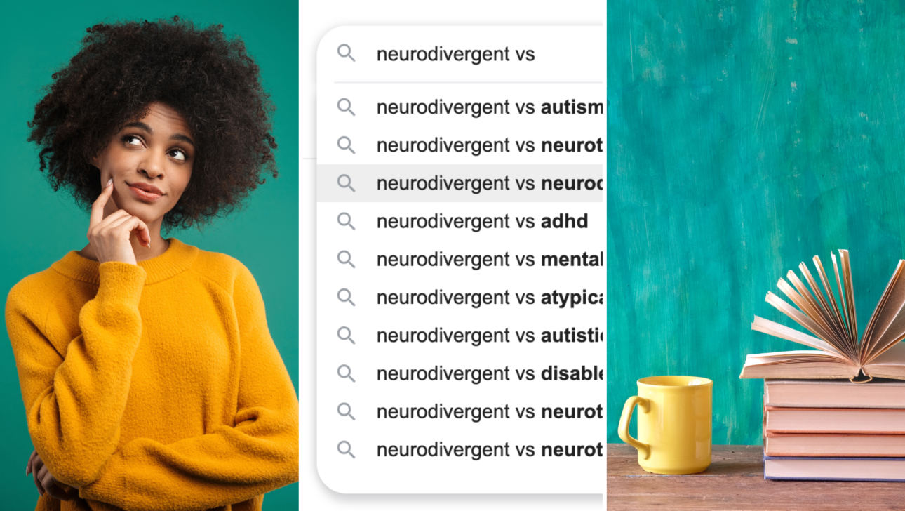 Image with three panels shows, at left, a Black woman with natural hair in an orange sweater looking curious. At middle, a Google search is shown for neurodivergence. At right, a yellow mug and stack of books is shown in front of a teal background.