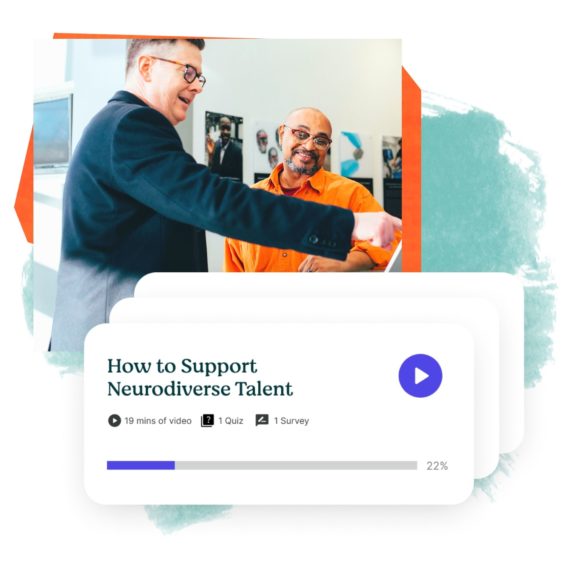 A collage featuring a photo of two male workers looking onto a computer with UI elements featuring training modules for "How to Support Neurodiverse Talent."