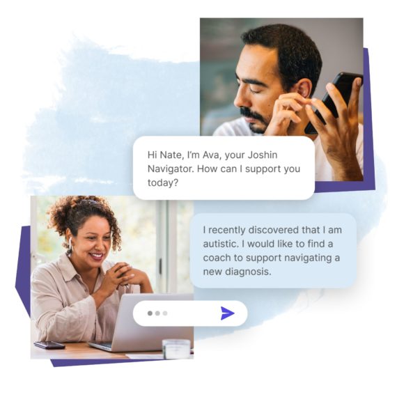 A collage featuring a two photo of a woman talking with a headset and a man using accessibility features on a phone with UI chat bubbles featuring a text conversation about diagnosis support.