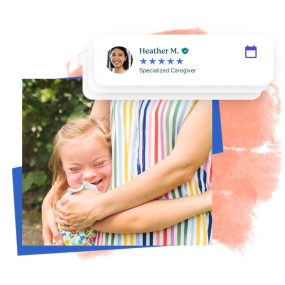 A collage of young girl hugging a caregiver and illustrated UI of specialized caregivers