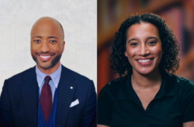 Side-by-side portraits of Grant Harris and Natasha Grant Holmberg, speakers from Joshin’s Black History Month webinar. Grant, on the left, is a Black man in a dark suit and tie, smiling against a light background. Natasha, on the right, is a Black woman with curly hair, wearing a black collared shirt, smiling against a blurred colorful background.