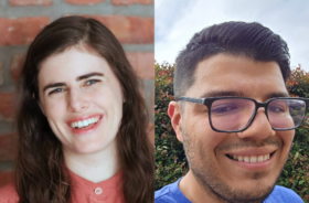 Two smiling people side by side — one in front of a brick wall, the other outdoors with greenery behind them.