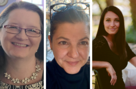 Three head shot portraits of women for a webinar panel.